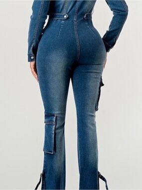 ATHINA Blue Denim Zip Front Pocket Flared Leg Jumpsuit